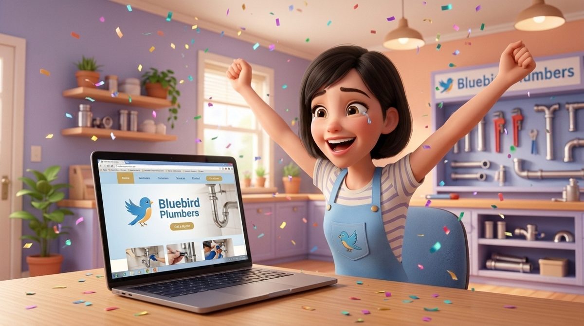 Happy plumbing shop owner celebrating her new website