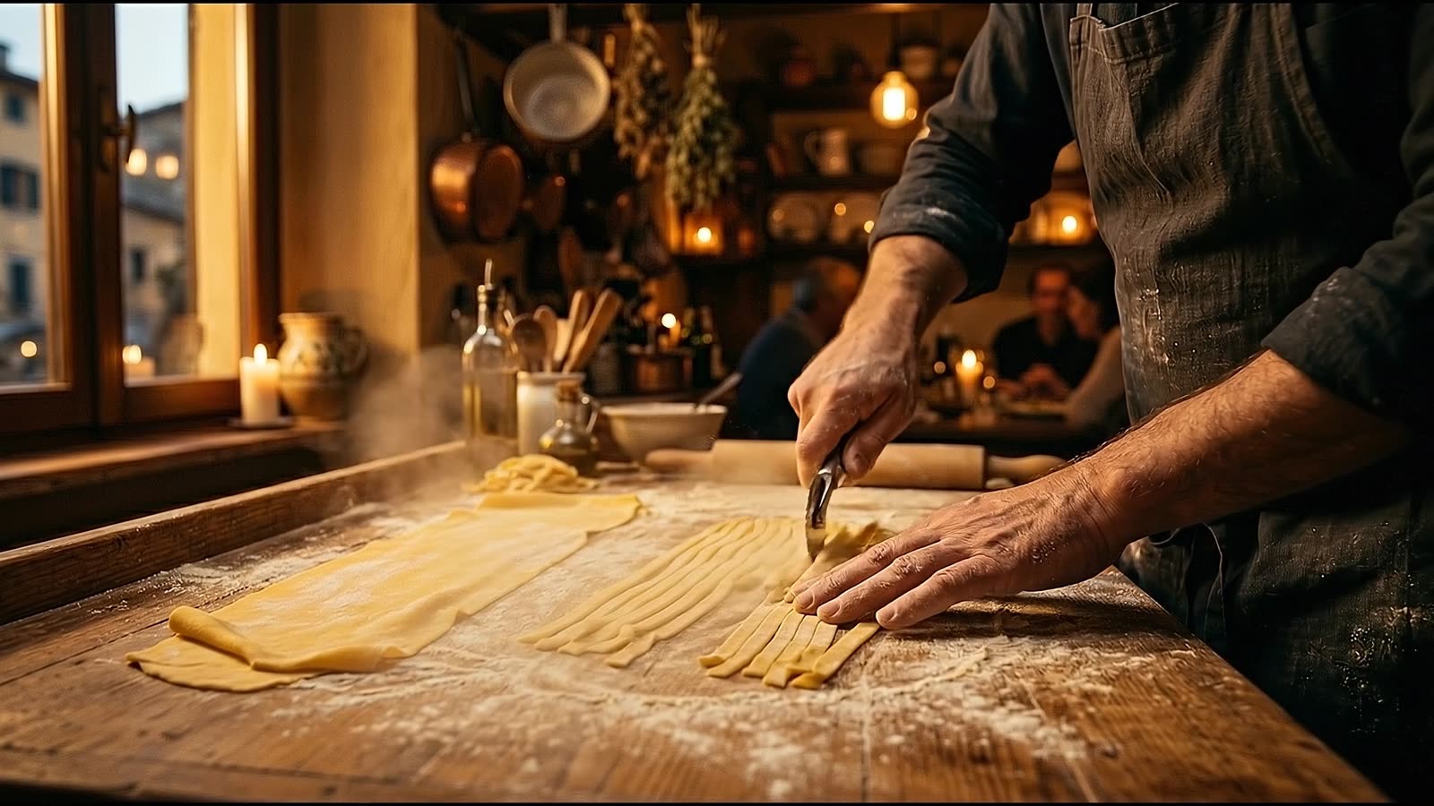 Hands cutting fresh pasta on a floured board