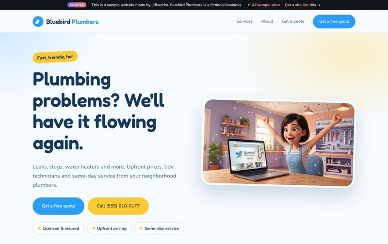 Bluebird Plumbers sample website on desktop